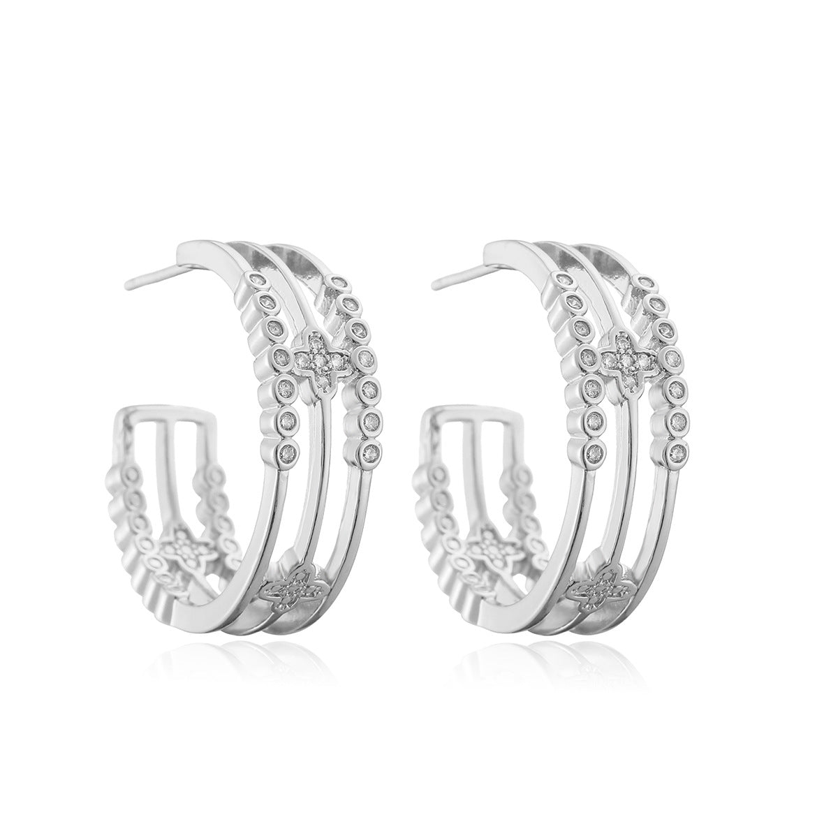 Vintage 18K Gold Plated Geometric Brass Hoop Earrings with Cubic Zirconia for Women