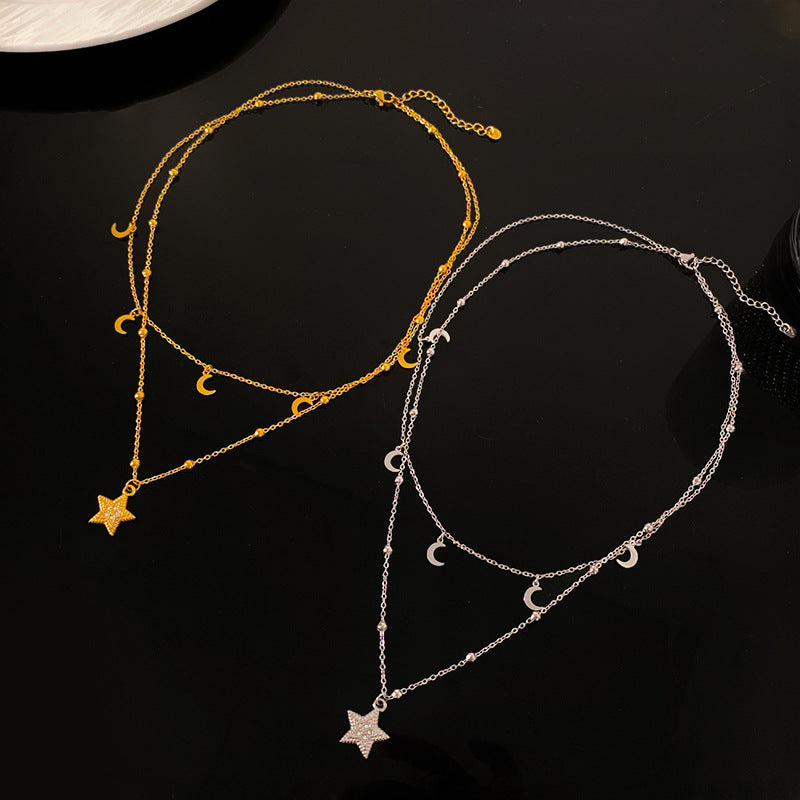 Vintage Titanium Steel Star Moon Geometric Tassel Pendant Necklace