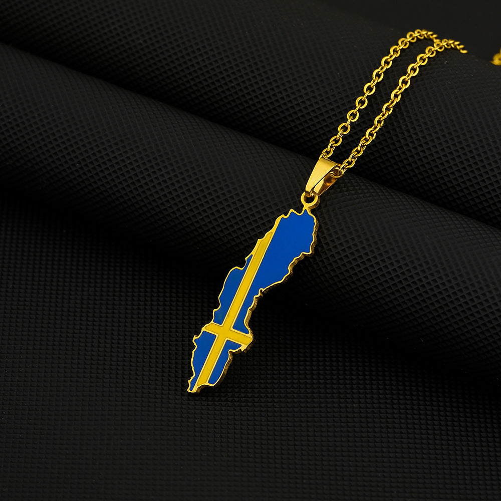Collana con Ciondolo Minimalista Bandiera Svedese in Acciaio Inox con Finitura Smaltata su Catena a O per Uso Unisex