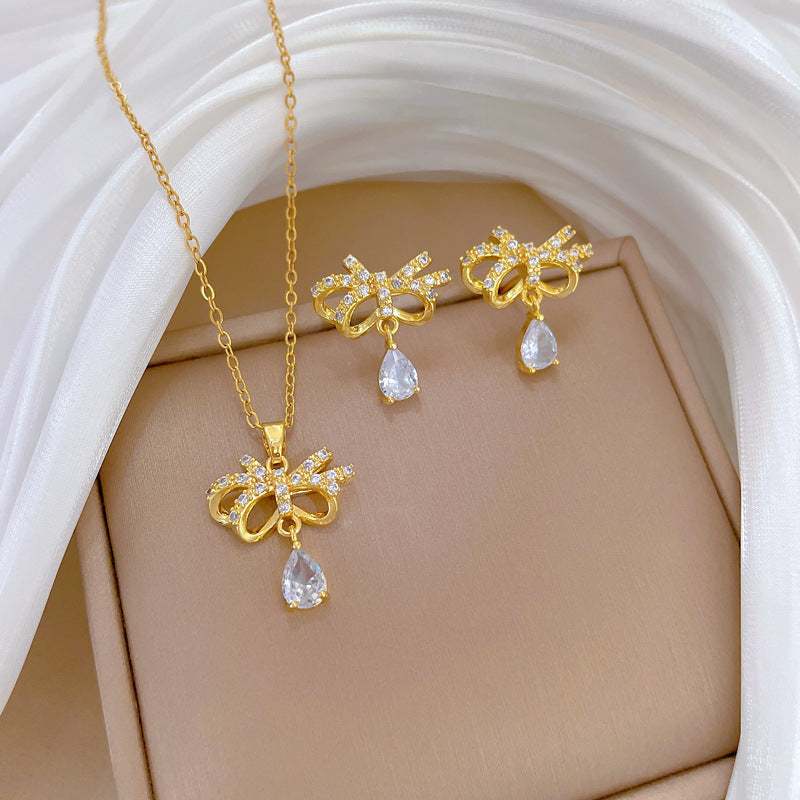 Elegant Butterfly-Shaped Titanium Steel Necklace and Earrings Set with Full Rhinestone Inlay for Women