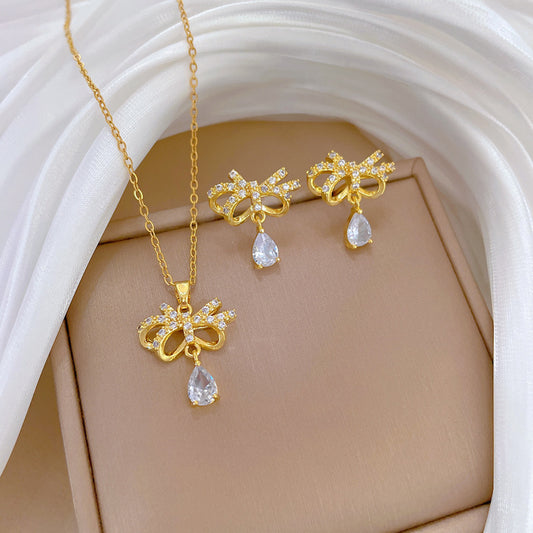 Elegant Butterfly-Shaped Titanium Steel Necklace and Earrings Set with Full Rhinestone Inlay for Women