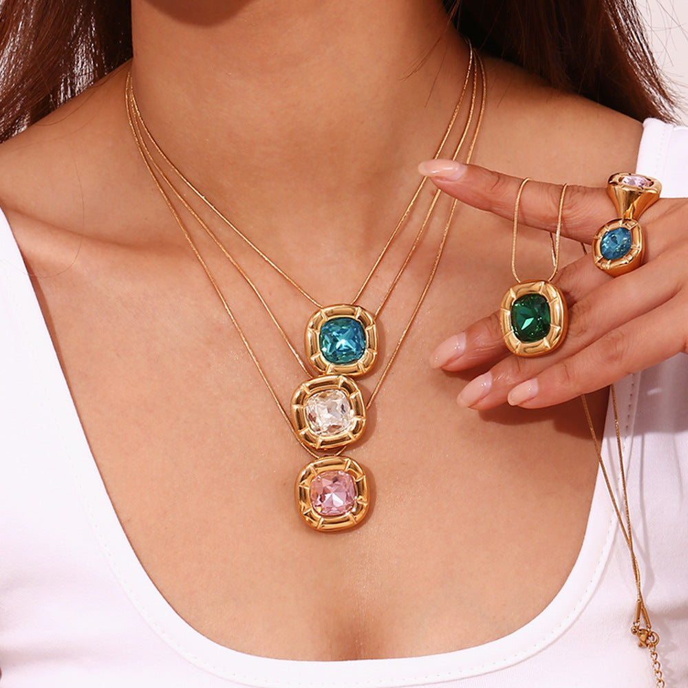 Vintage Fashion Floral Geometric Square Zirconia Necklace for Women Stainless Steel with 18K Gold Plating