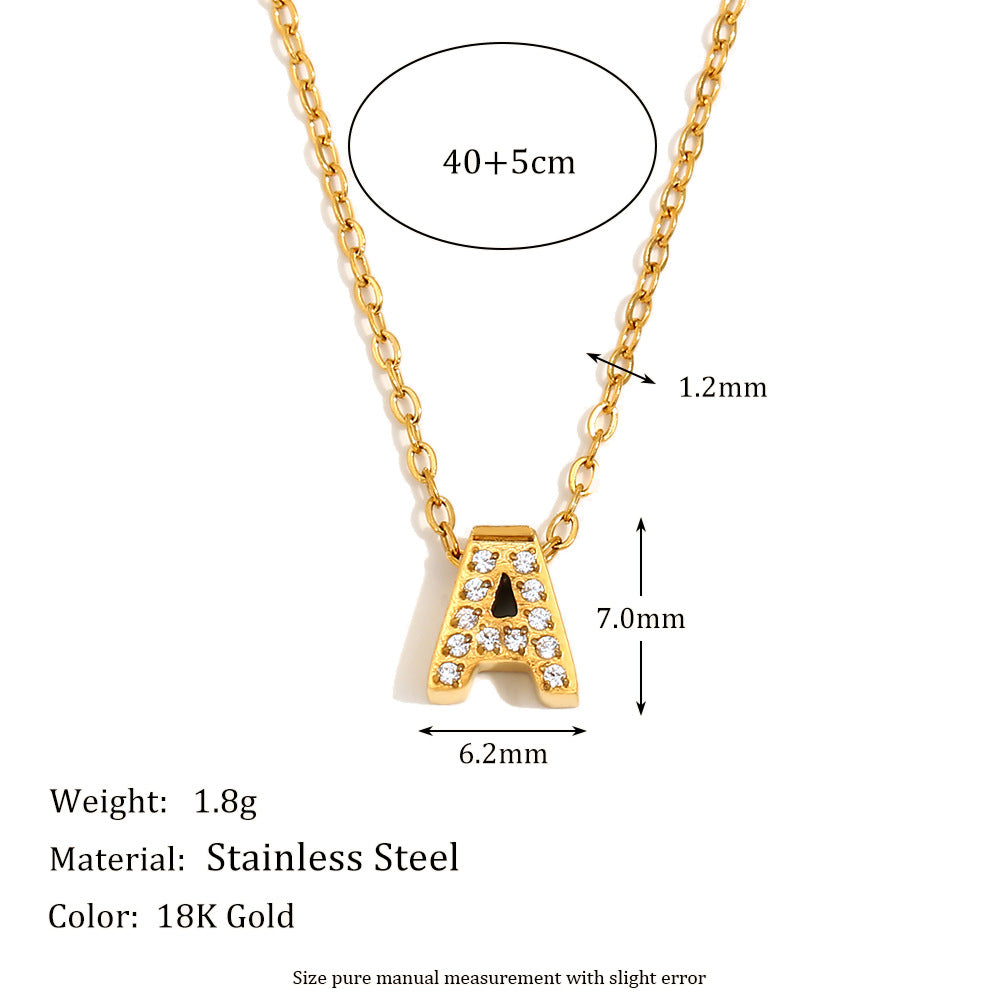 Minimalist Fashion Letter Pendant Necklace for Women Stainless Steel with 18K Gold Plating and Rhinestone Inlay