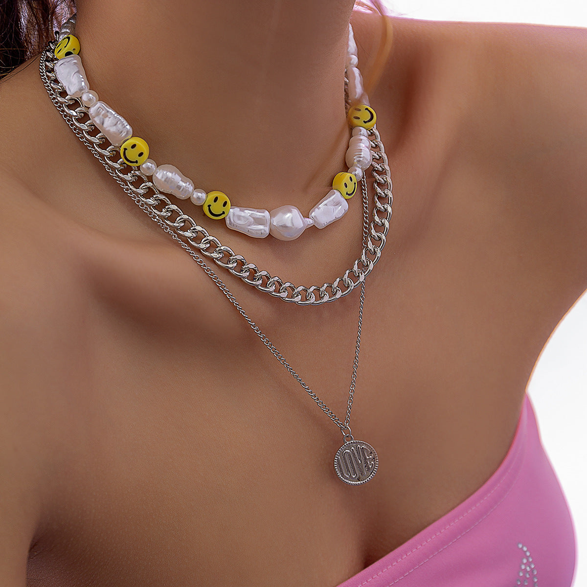 Vintage Bohemian Ethnic Geometric Letter Faux Pearl Plated Ball Chain Necklace for Women