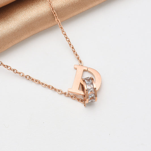 Minimalist Geometric Titanium Steel Rose Gold Plated Double Ring Letter D Rhinestone Collar Necklace for Women