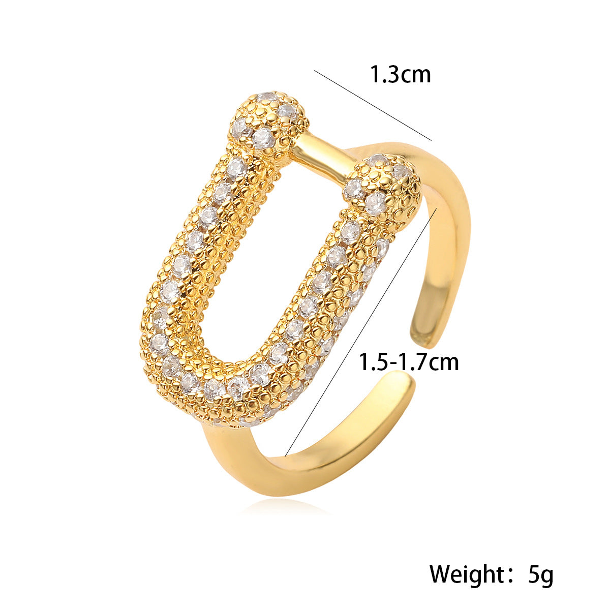 Geometric Open Ring for Women Made of Brass with 18K Gold Plating and Zircon Inlay, Fashionable Minimalist Statement Ring