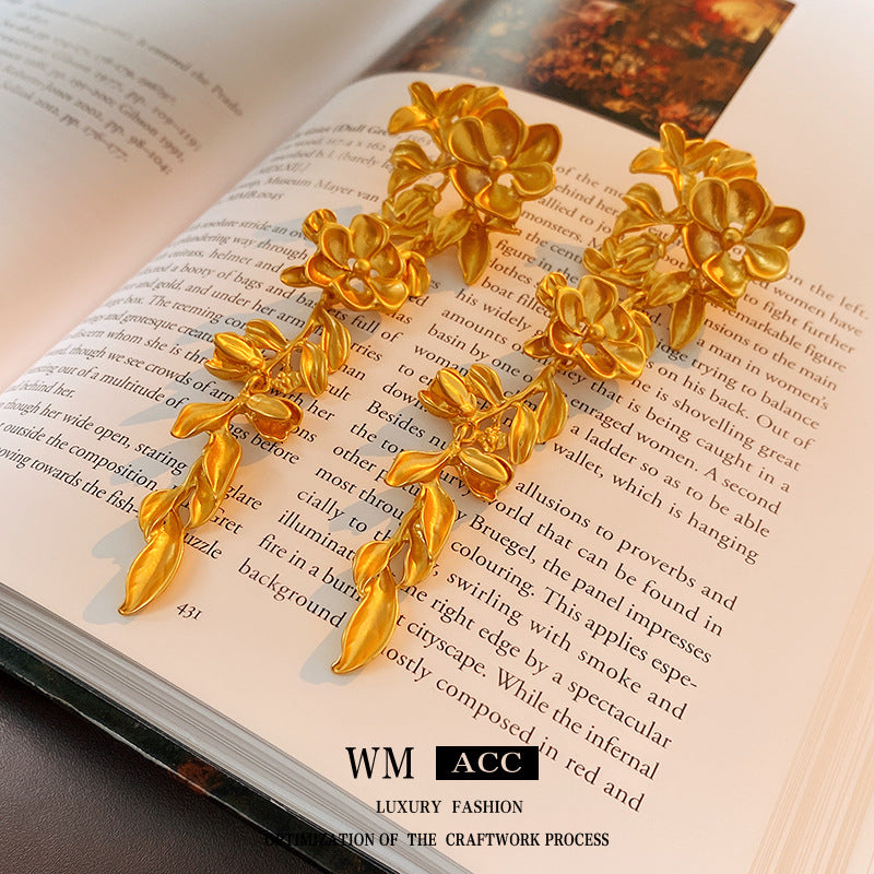 Vintage Floral Leaf Tassel Earrings in Copper for Women