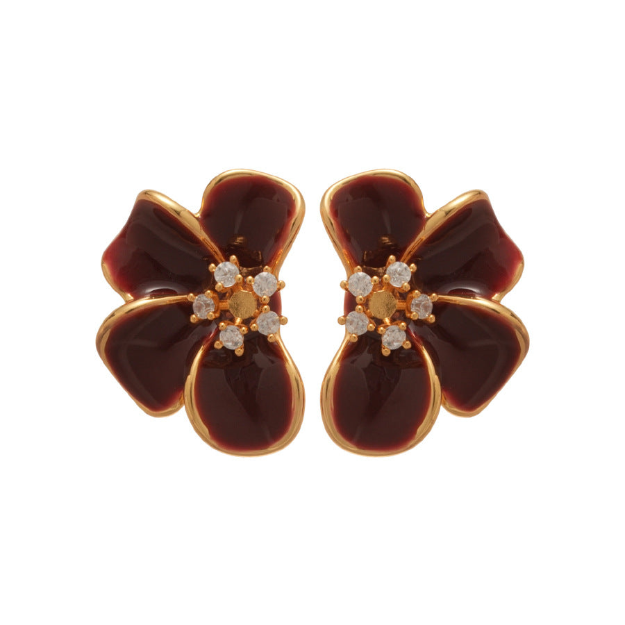 Orecchini pendenti floreali vintage con strass e olio, placcati in oro 18 carati, perni in argento 925, da donna