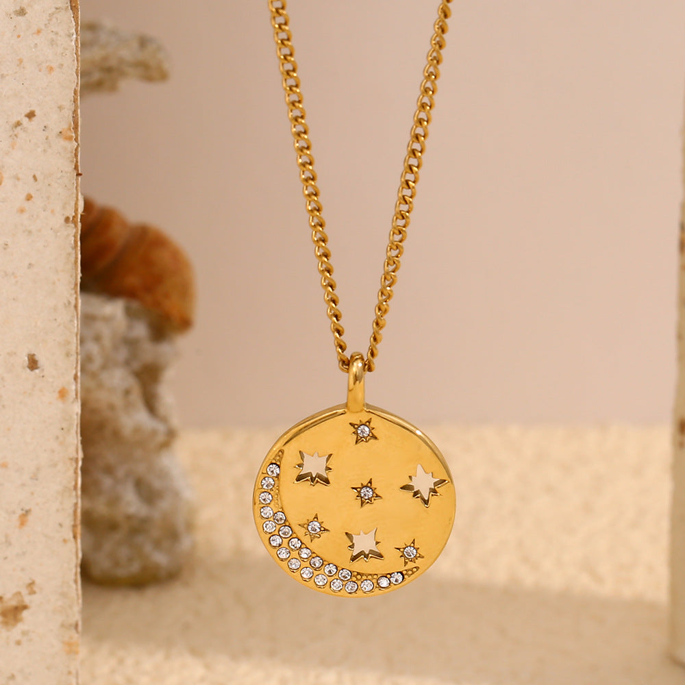 Collana con pendente geometrico minimalista a forma di luna e ottagramma da donna in acciaio inossidabile placcato oro 18 carati
