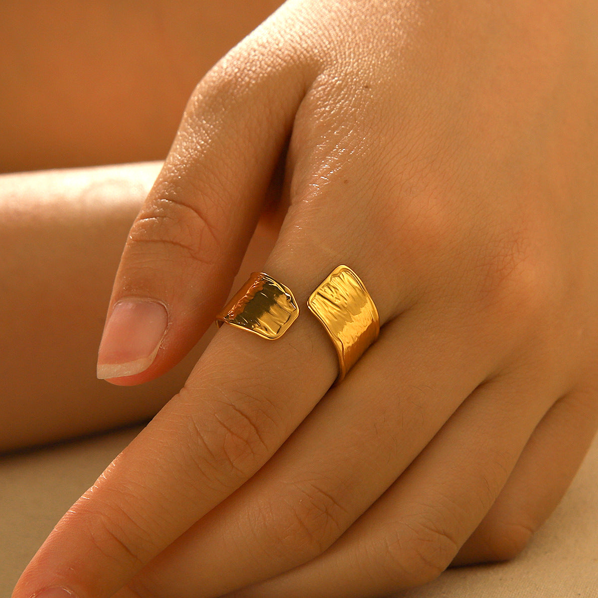 Minimalist Geometric Titanium Steel Ring with 18K Gold Plating and Textured Surface for Women