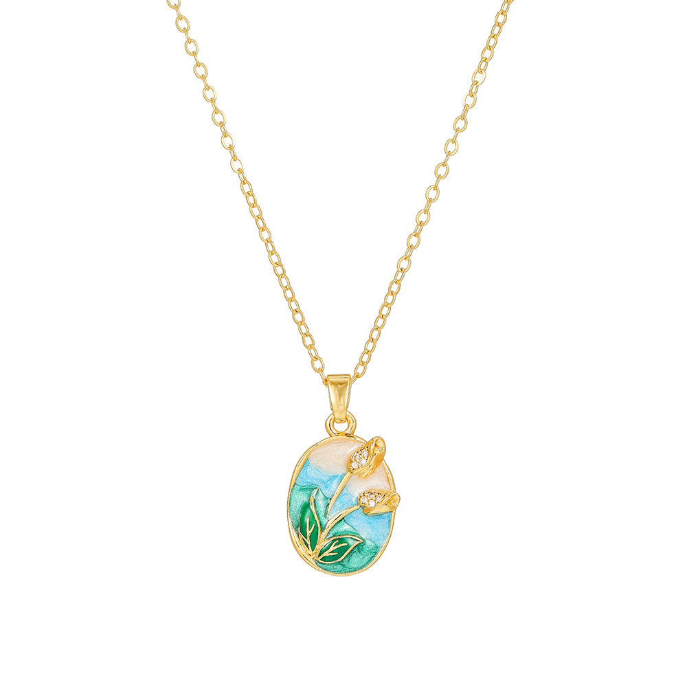 Elegant Drip Oil Floral Brass Gold Plated Necklace with Cubic Zirconia Inlay Cable Chain