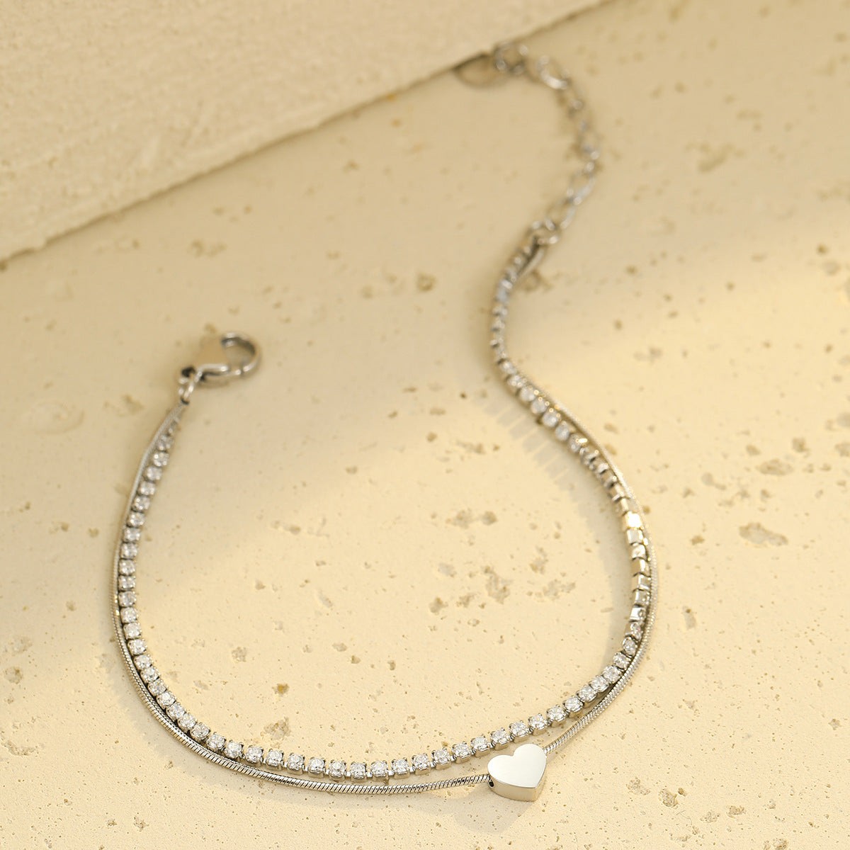 Minimalist Double-Layer Heart-Shaped Stainless Steel Bracelet with Zirconia Accents for Women and Men