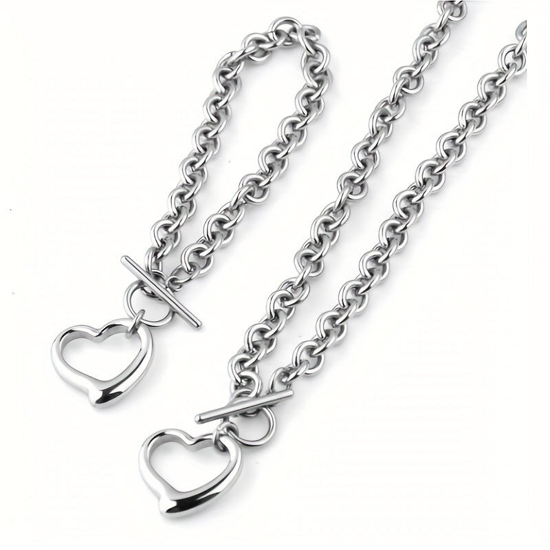 Minimalist Hollow Heart Titanium Steel Necklace with Polished Finish and Wavy Chain for Women