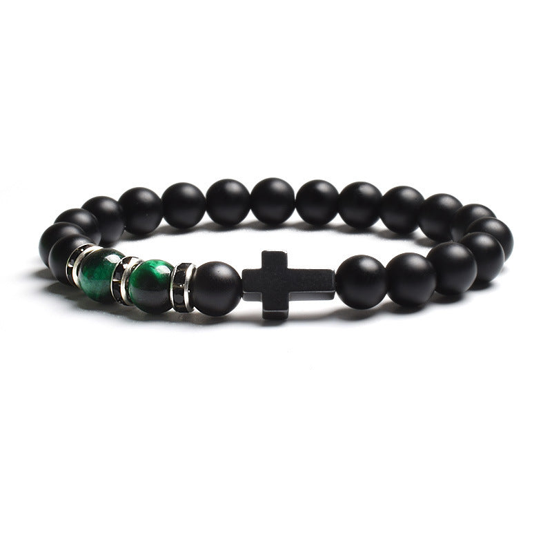 Vintage Cross Matte Stone Tiger's Eye Beaded Stretch Bracelet Unisex Geometric Handmade Jewelry