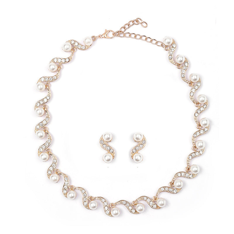 Chic Minimalist Pearl Pendant Necklace and Earrings Set for Women Alloy Chain with Twisted Rope Detail