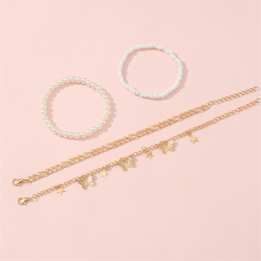 Set di cavigliere vintage minimaliste con farfalla e perle da 4 mm per donna