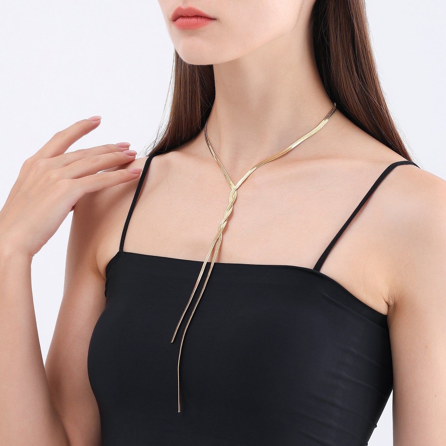 Minimalist Long Snake Chain Necklace for Women Geometric Shape Alloy Pendant with Tassel and Plated Finish