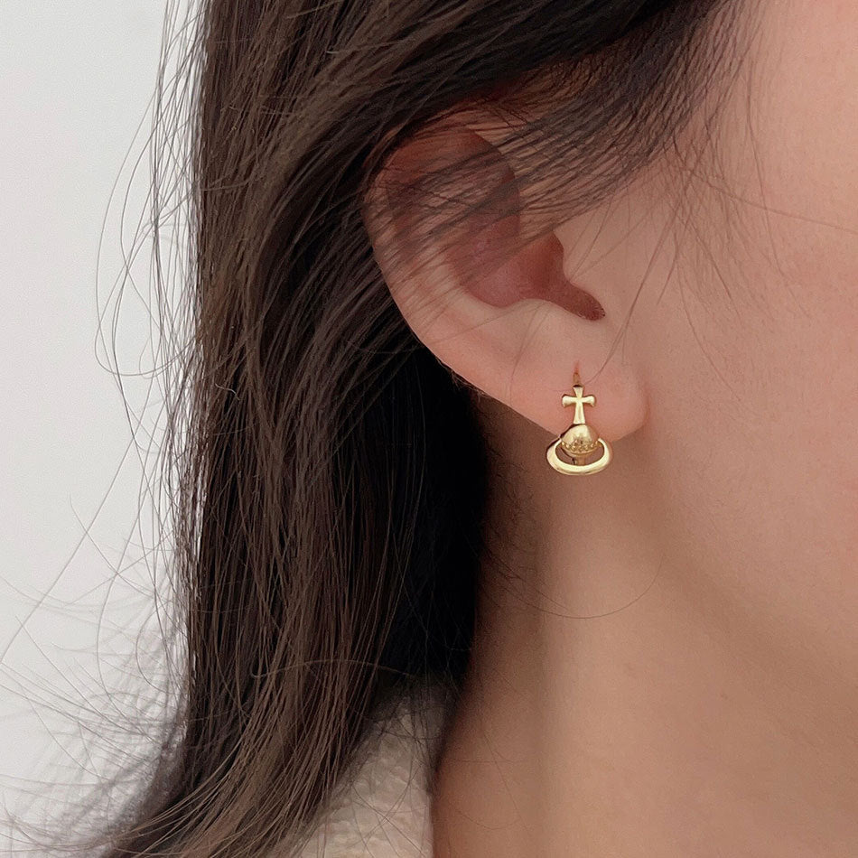 Minimalist Saturn Cross Earrings in 925 Sterling Silver with Polished Finish for Women