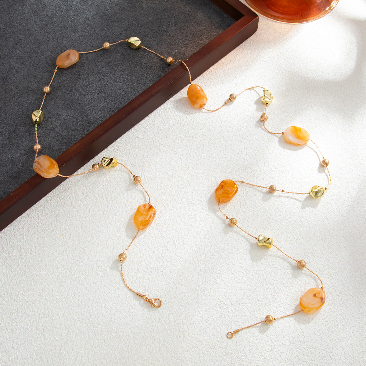 Sweet Geometric Oval Resin Beaded Double Layer Plated Necklace for Women