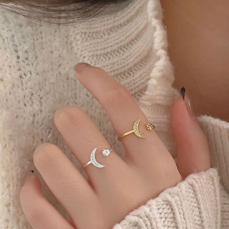 Anello da donna in argento sterling 925 con micro-incastonatura a forma di stella e luna con zirconi cubici
