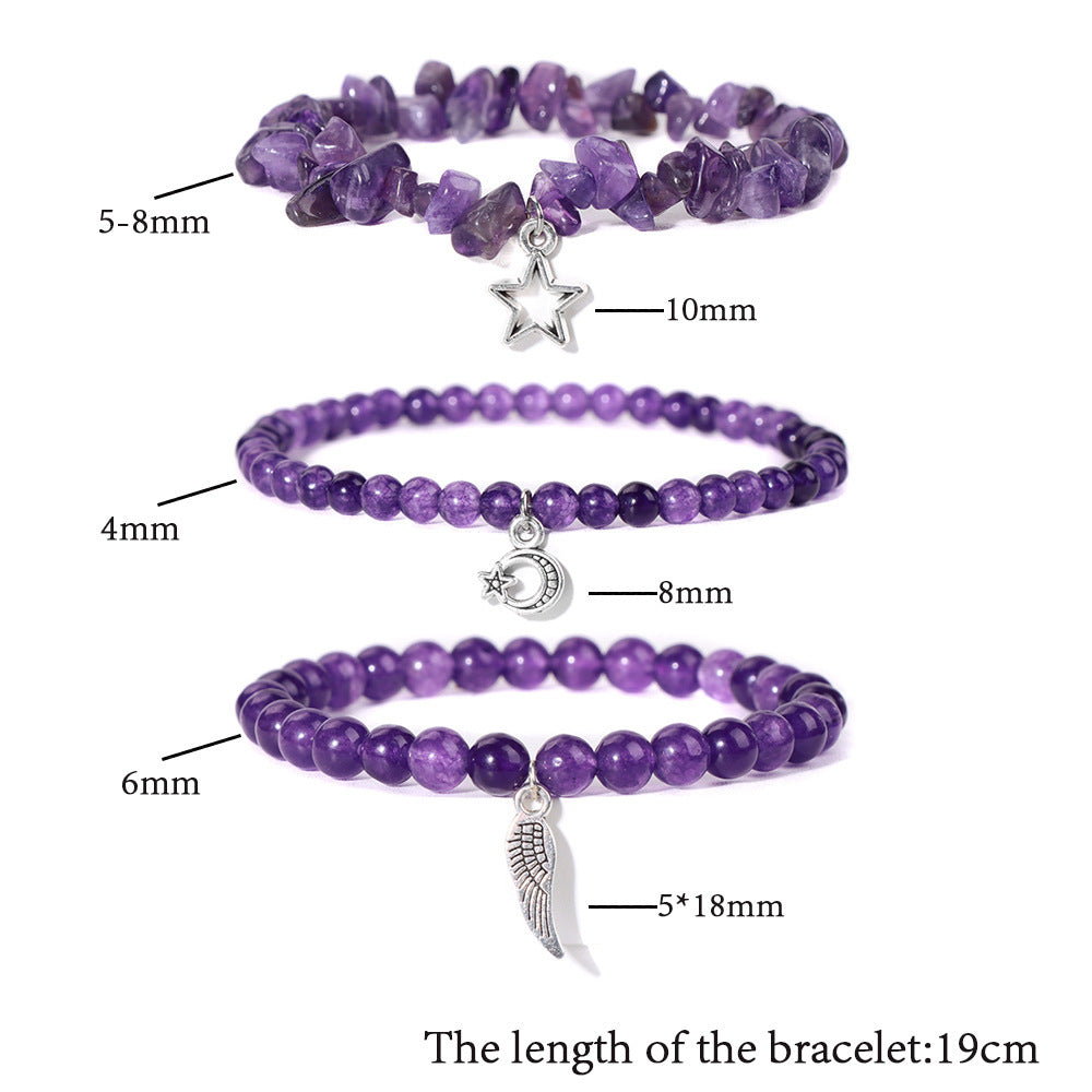 Vintage Amethyst Crystal Chip Beads Bracelet with Star Moon Pendant Geometric Irregular Stone Elastic Multi-Layer Bracelet for Women