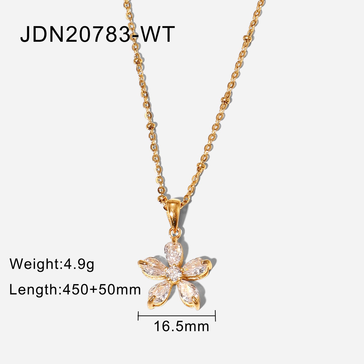 18K Gold Plated Stainless Steel Flower Necklace with 16mm White Cubic Zirconia Pendant on Ball Chain for Women