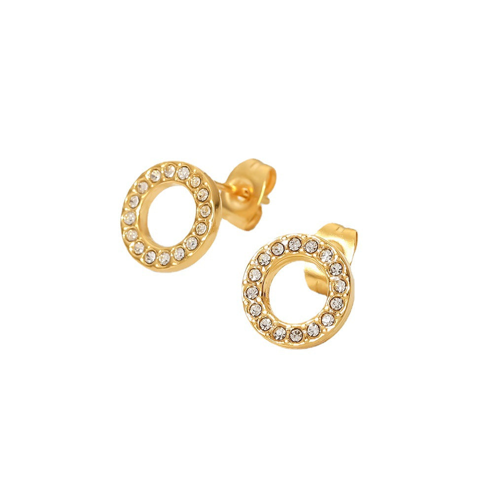 Women's Titanium Steel Geometric White Hollow Round Cubic Zirconia Stud Earrings with 18K Gold Plating