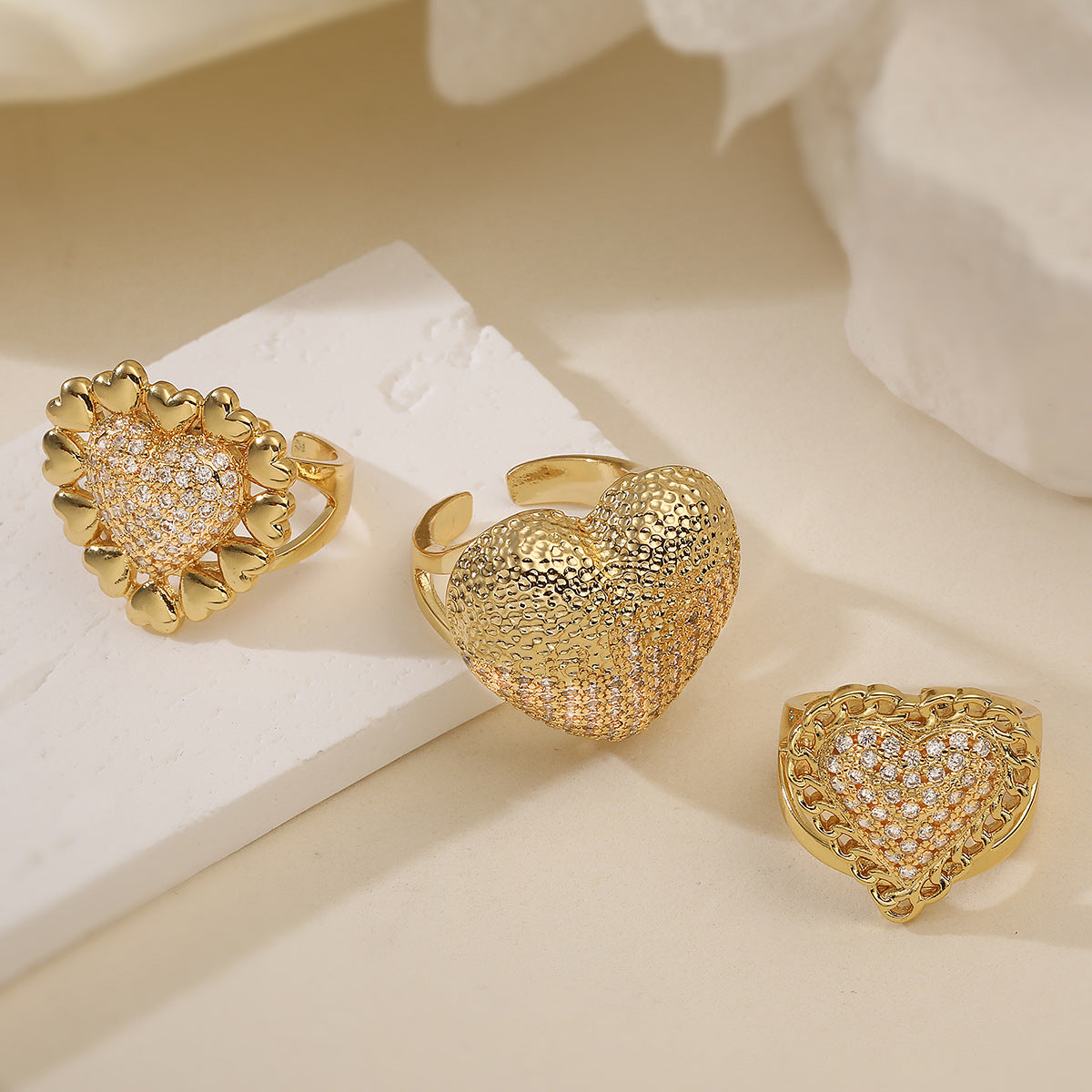 Minimalist 18K Gold Plated Brass Heart Ring with Cubic Zirconia for Women