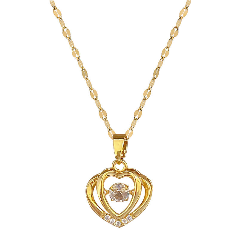 Collana a doppio strato di lusso a forma di cuore in acciaio al titanio da donna con intarsi di strass e delicato design a clavicola