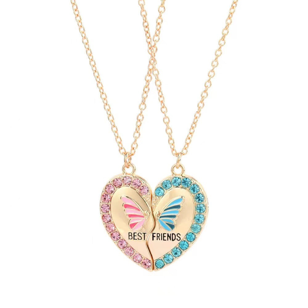 Graziosa collana a forma di cuore in lega con intarsio di strass per bambini e amici, semplice design a catena incrociata che non si ossida