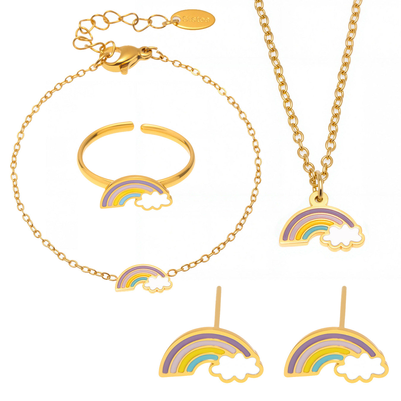 Juego de collar con colgante de nube, arcoíris, dulce y lindo, con cadena de acero inoxidable y colgante de acero de titanio, acabado galvanizado para niñas