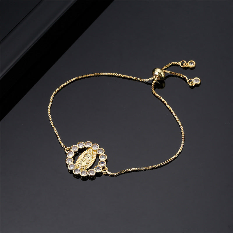 Vintage Bohemian Geometric Brass Micro-Inlaid Cubic Zirconia Virgin Mary Adjustable Bracelet
