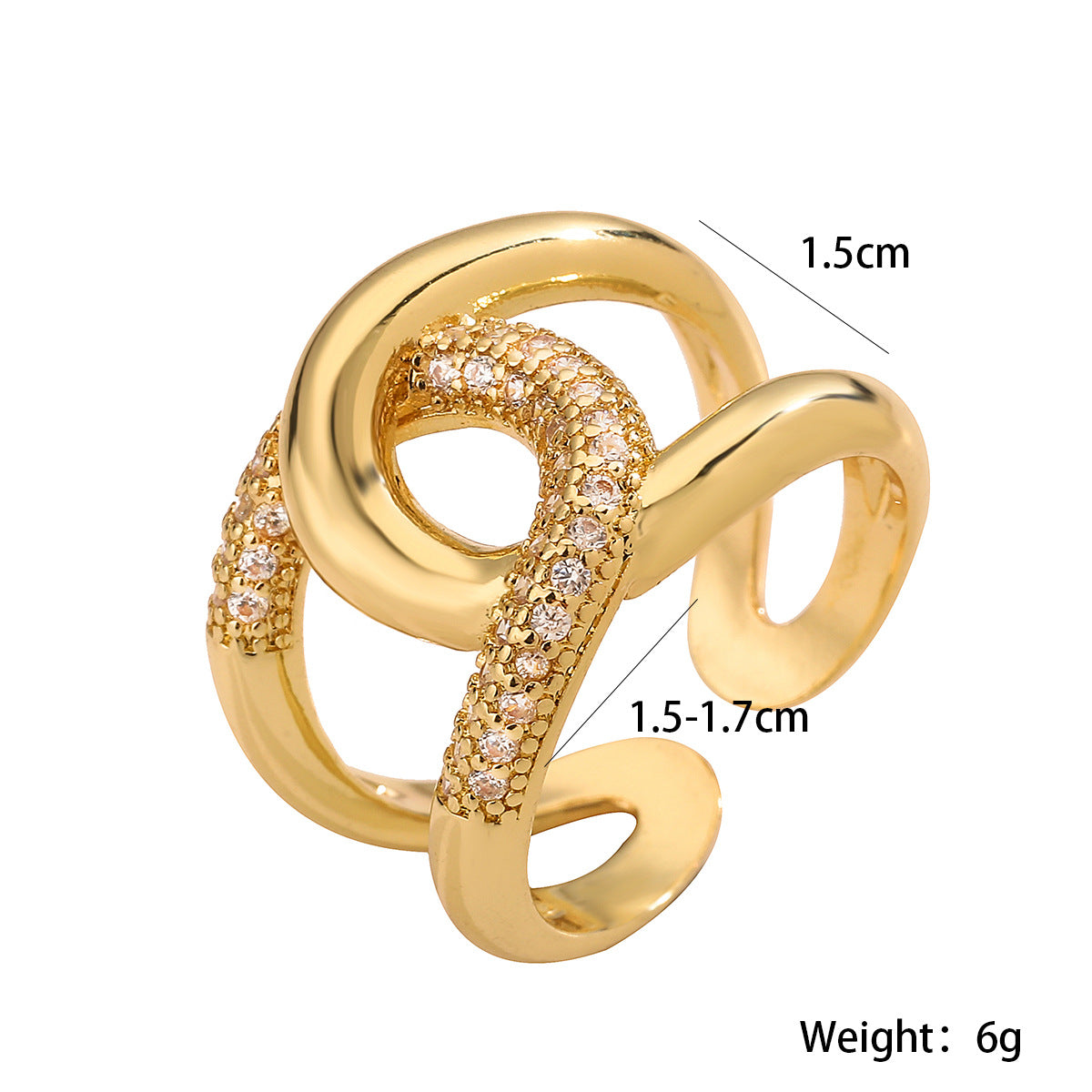 Minimalist Geometric Open Ring for Women in Copper with 18K Gold Plating and Micro-Paved Zirconia