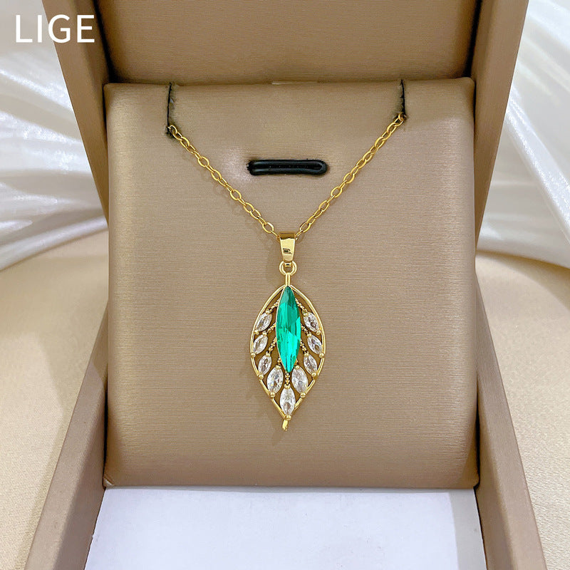Minimalist Geometric Blue Leaf Pendant Necklace for Women Stainless Steel Locket Chain with Rhinestone Inlay
