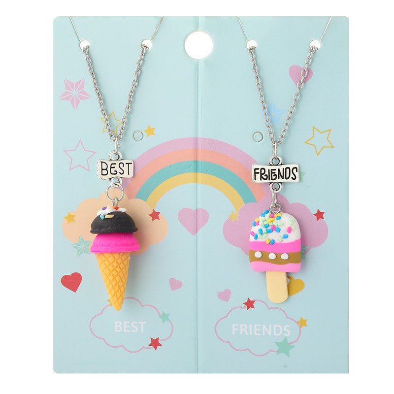 Collana con ciondolo a forma di gelato arcobaleno a cartoni animati per bambini, fatta a mano in argilla polimerica con catenina di perline