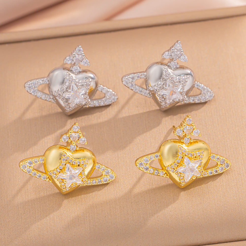 Luxury Minimalist Saturn-Shaped Gold-Plated Copper Stud Earrings for Women with Full Rhinestone Inlay