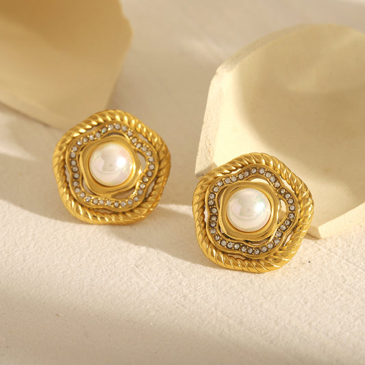Vintage French Style 18K Gold Plated Stainless Steel Floral Geometric Pearl Rhinestone Earrings for Women
