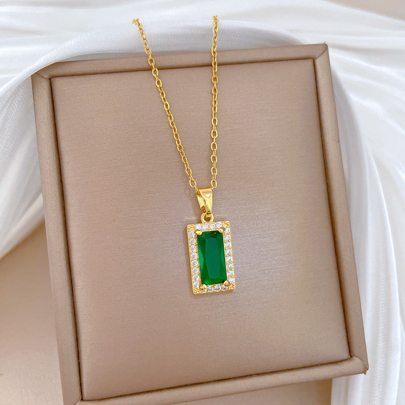 Sweet Minimalist Green Square Geometric Rhinestone Pendant Titanium Steel Necklace for Unisex