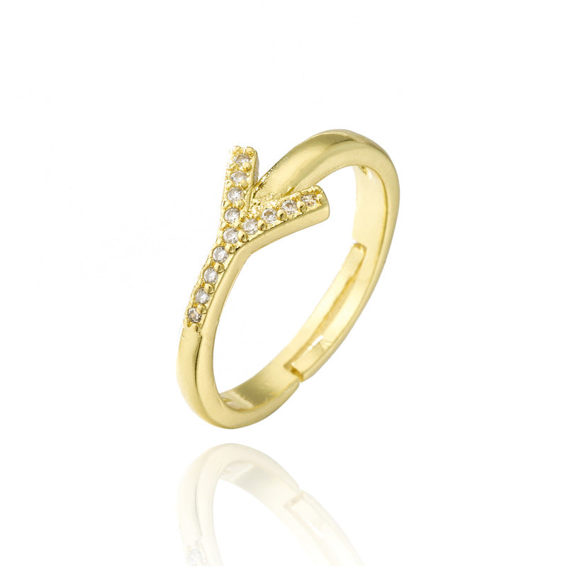 Fashion 18K Gold Plated Brass Micro-inlay Letter Ring Adjustable Open Band for Women