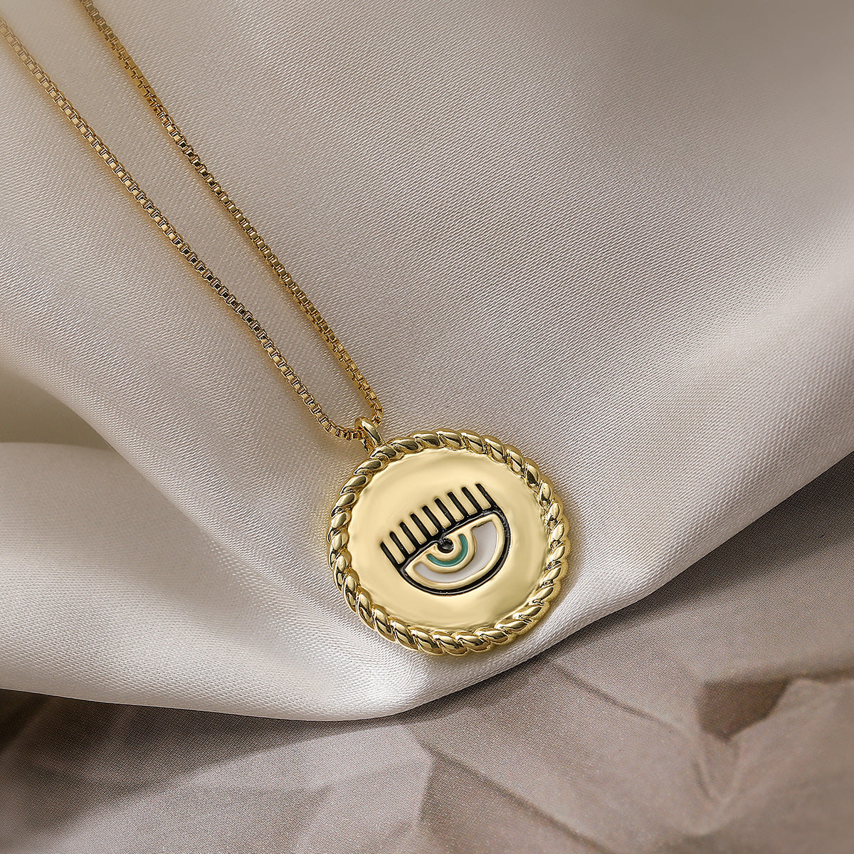 Vintage 18K Gold Plated Brass Drip Oil Geometric Evil Eye Pendant Necklace for Women