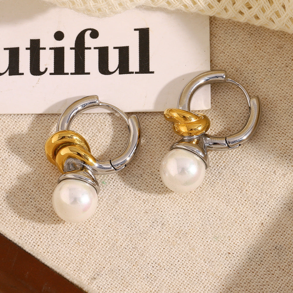 Vintage French Style 18K Gold Plated Stainless Steel Knotted Heart Pearl Hoop Earrings for Women