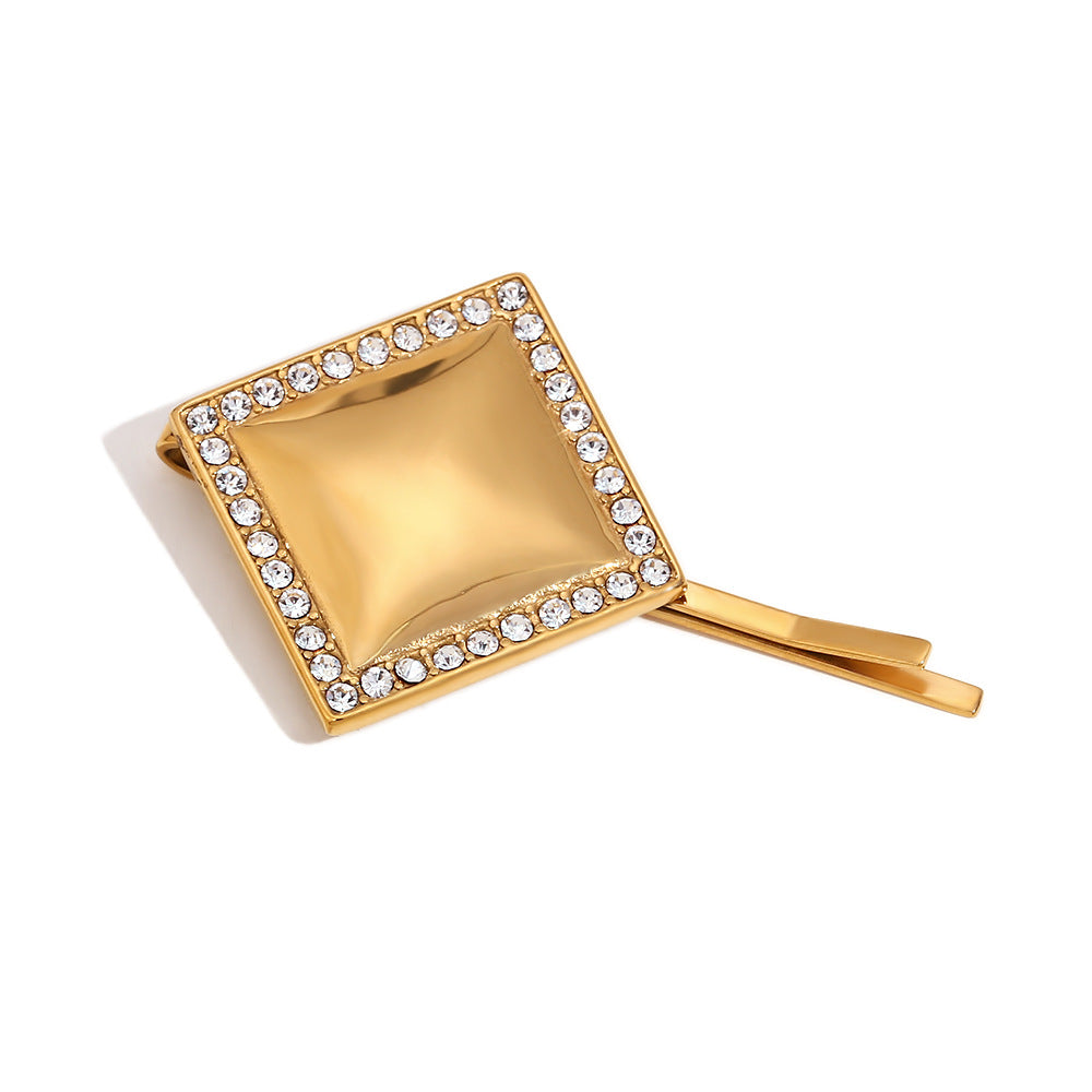 Minimalist Geometric Square Hair Clip in Stainless Steel with 18K Gold Plating and Rhinestone Accents