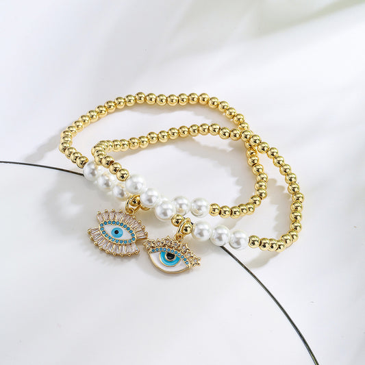 Pulsera minimalista geométrica de ojo turco para mujer con base de cobre bañada en oro de 18 quilates y circonitas engastadas en esmalte