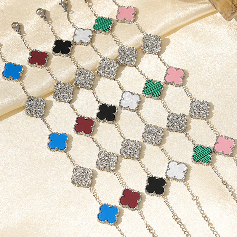 Bracciale Donna Lusso Stile Quadrifoglio in Acciaio al Titanio con Strass e Intarsio in Concha