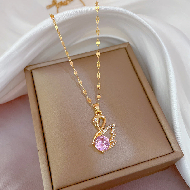 Four-Leaf Clover Rhinestone Pendant Necklace for Women Titanium Steel Irregular Chain Shell Locket Floral Style