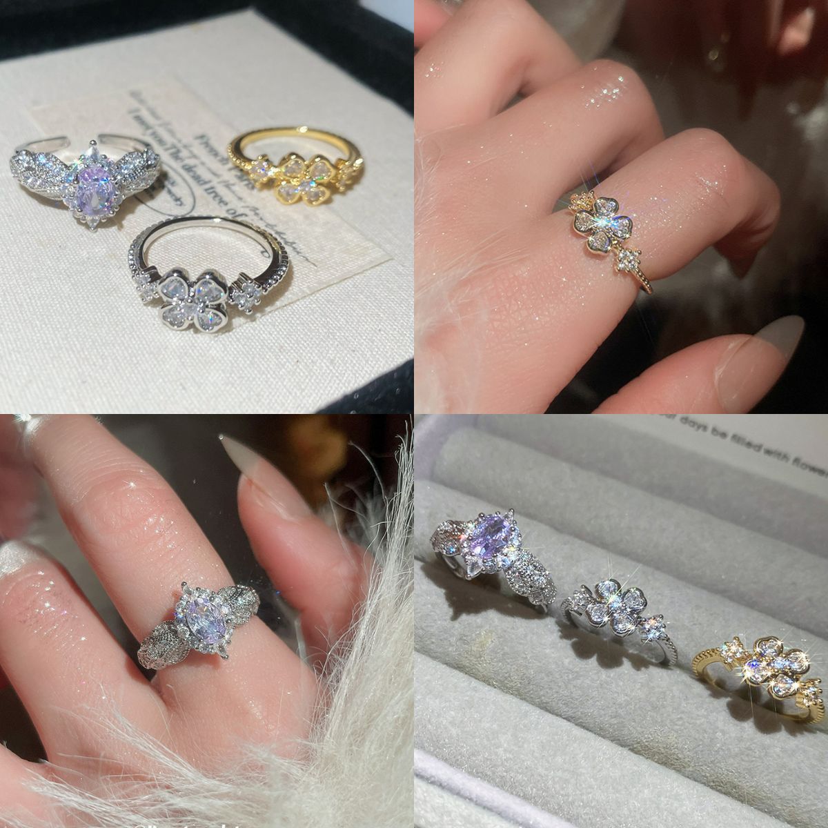 Anello Aperto Elegante Minimalista da Donna in Rame con Zirconia a Forma di Fiore, Design Geometrico e Sensazione di Lusso