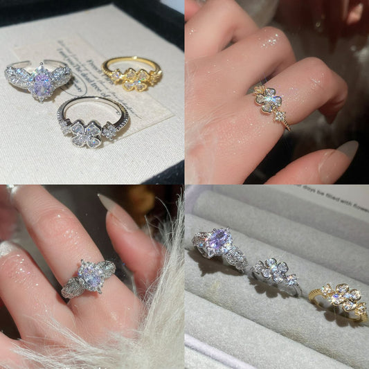 Anello Aperto Elegante Minimalista da Donna in Rame con Zirconia a Forma di Fiore, Design Geometrico e Sensazione di Lusso