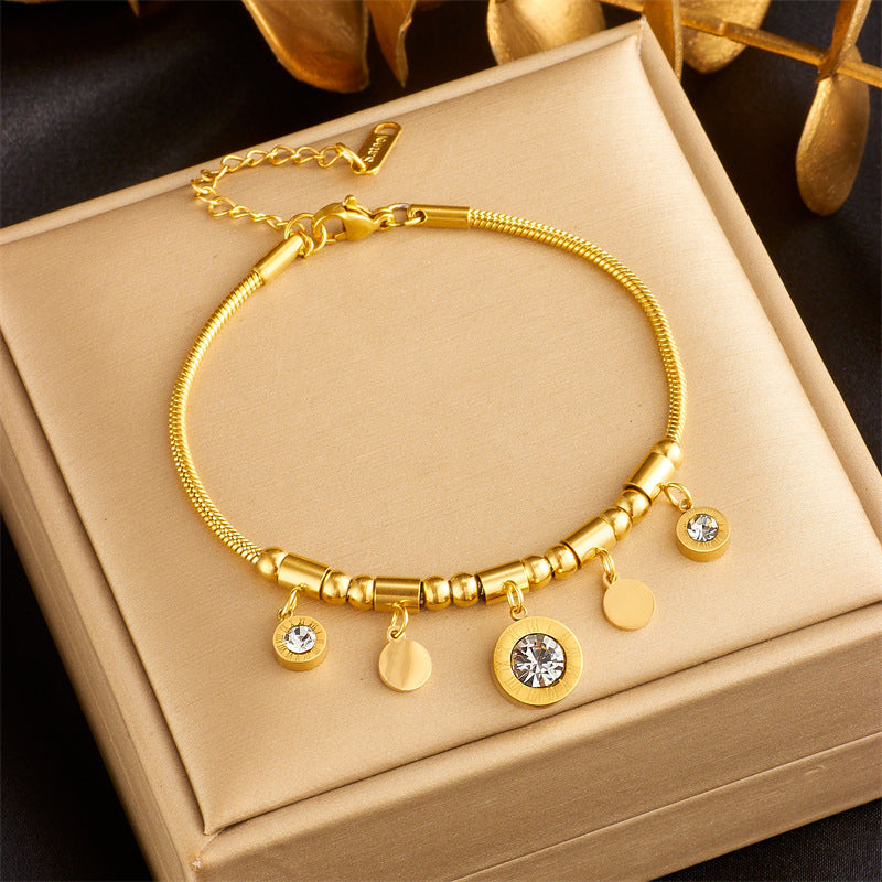 Fashionable Minimalist Round Pendant Necklace and Bracelet Set in Titanium Steel with Plated Finish for Women