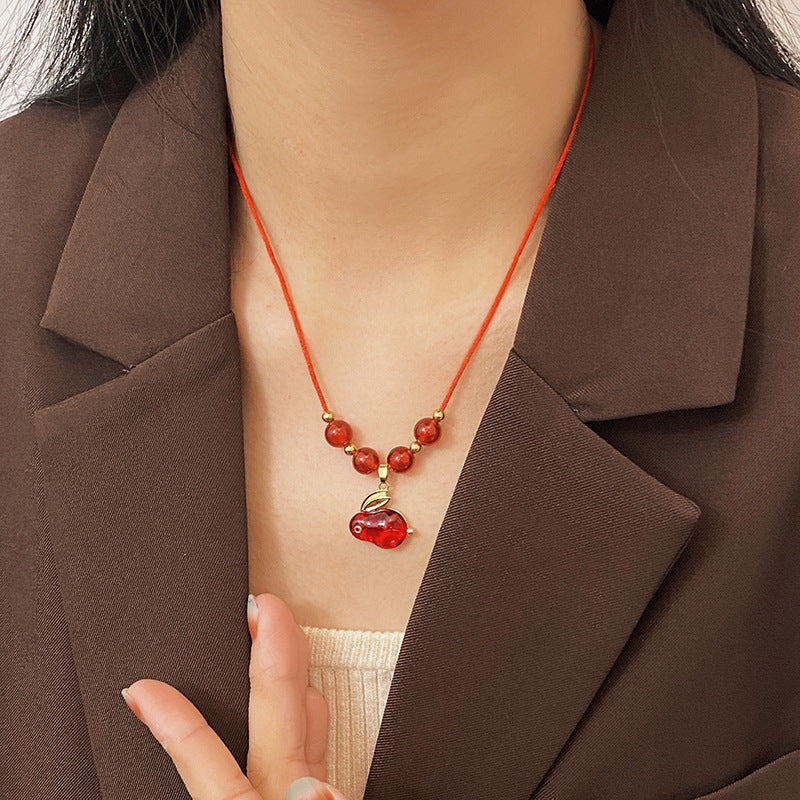 Minimalist Rabbit Pendant Necklace in Titanium Steel with Red Braided Cord for Lucky Year Gift