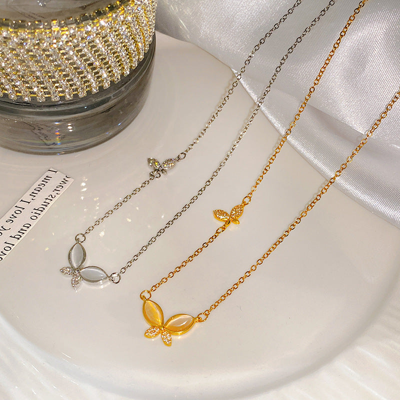 Sweet Butterfly Titanium Steel Necklace with Cubic Zirconia and Cat's Eye Inlay Plated Finish Cable Chain